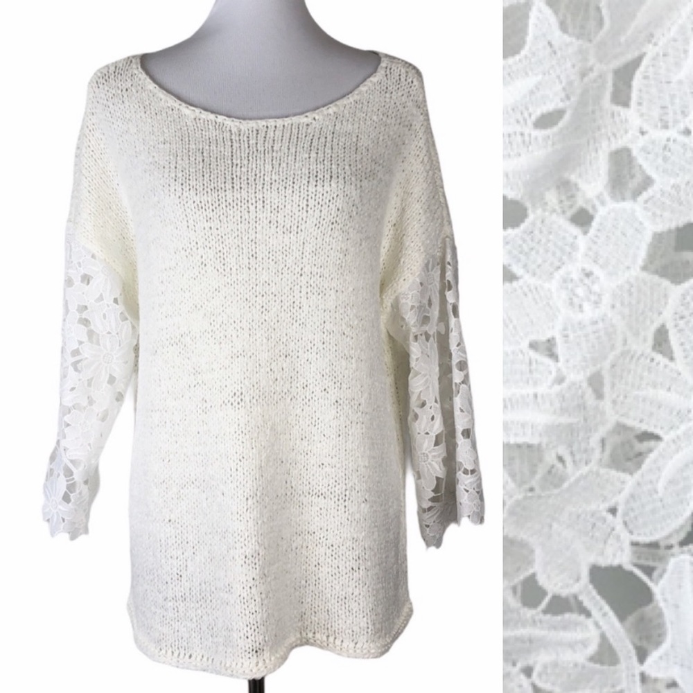 Chico's Open Knit Sweater Lace Sleeves Sz. 2 (L)